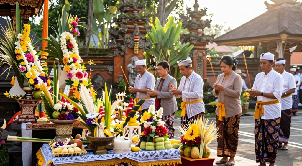 A vibrant scene depicting Kuningan offerings and rituals in a traditional Balinese setting. In the foreground, intricately arranged offerings made of colorful flowers, rice, and fruits are placed on a decorative altar adorned with bamboo and delicate fabrics. In the middle ground, a gentle procession of Balinese worshippers dressed in modest traditional attire, such as sarongs and kebayas, are seen performing rituals, holding incense and flowers with reverence. The background reveals lush greenery and a serene temple with ornate architecture, bathed in soft morning light that creates a warm and spiritual atmosphere. The composition is shot with a slightly elevated angle to capture both the offerings and the worshippers, highlighting the cultural significance of the Kuningan ceremony. The mood is peaceful, reflective, and deeply spiritual, embodying the essence of honoring ancestral spirits.