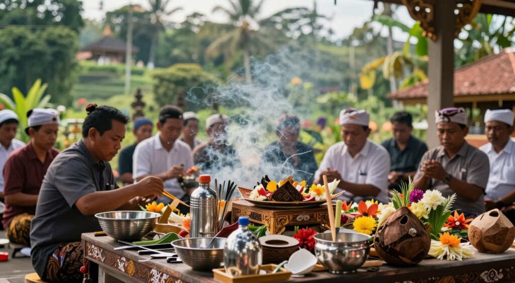 A vibrant scene depicting Tumpek Landep rituals, focusing on metal objects being blessed. In the foreground, a traditional altar adorned with intricate offerings, including shiny metal tools, decorative coconut shells, and colorful flowers. The middle ground captures a group of Balinese practitioners, dressed in modest, traditional clothing, performing the ritual with reverence, surrounded by incense smoke. The background features lush greenery of a Balinese landscape, with a soft-focus view of temple architecture rising amidst tropical trees. Natural, warm lighting filters through the leaves, creating a serene and spiritual atmosphere. The angle is slightly elevated, providing a comprehensive view of the ritual's depth, showcasing the cultural significance of the blessing. The mood is one of tranquility and devotion, reflective of a sacred tradition.