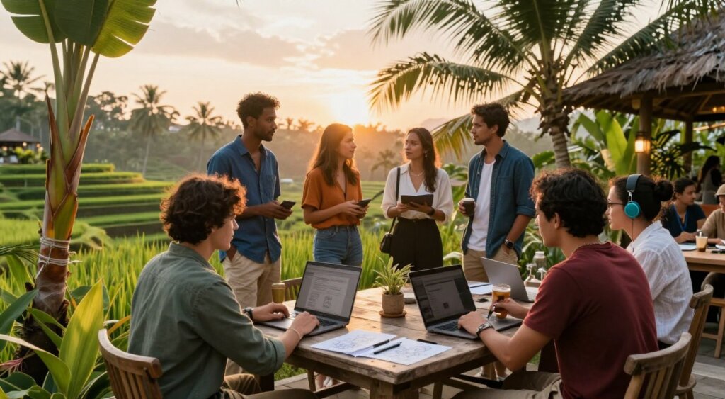 A vibrant scene depicting a Bali digital nomad community gathering, highlighting a diverse group of expats engaged in conversation and collaboration. In the foreground, two individuals, one with a laptop and another sketching, sit at a rustic wooden table surrounded by tropical plants. The middle ground features a diverse group of four others, networking and sharing ideas, dressed in smart casual outfits. The background showcases a picturesque view of rice terraces and a gentle Bali sunset with warm, golden light filtering through palm trees, creating a relaxed yet inspiring atmosphere. The composition conveys a sense of community, productivity, and the vibrant lifestyle of digital nomads in Bali. The photo is taken with a wide-angle lens to capture the ambiance and depth of the setting, reminiscent of National Geographic's photojournalism quality.