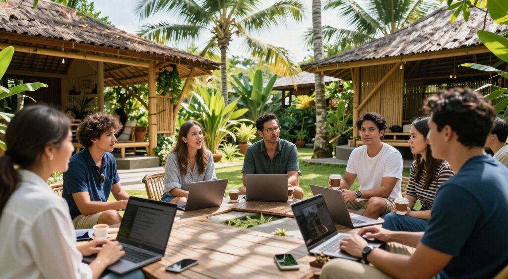 A vibrant scene depicting a Bali digital nomad community group meeting in a lush tropical garden. In the foreground, a diverse group of individuals in casual yet professional clothing are engaged in animated discussions, laptops open, with coffee cups in hand. The middle ground features bamboo structures adorned with greenery, creating a relaxed but inspiring environment. In the background, palm trees sway gently under a bright, sunny sky, casting soft dappled shadows on the ground. The atmosphere is warm and inviting, with natural light highlighting the faces of the participants, creating a sense of connection and collaboration among aspiring entrepreneurs and remote workers. The focus is sharp, capturing the dynamic essence of the digital nomad lifestyle in Bali.