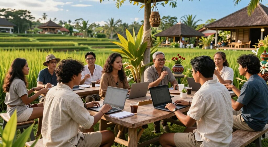A vibrant scene depicting a Bali nomad meetup, showcasing a diverse group of digital nomads engaged in dynamic conversations. In the foreground, individuals dressed in modest casual attire, such as light linen shirts and comfortable shorts, are seated around a rustic wooden table with laptops and notepads. In the middle ground, there’s a lush green garden setting with tropical plants and Balinese decor, emphasizing a warm and welcoming atmosphere. The background features picturesque rice terraces and traditional Balinese architecture under a bright blue sky. Soft, golden hour lighting bathes the scene, creating a relaxed and inviting mood, as if capturing a moment of community and creativity among like-minded individuals. The angle is slightly elevated, giving a panoramic view of the gathering, reminiscent of high-quality photojournalism.