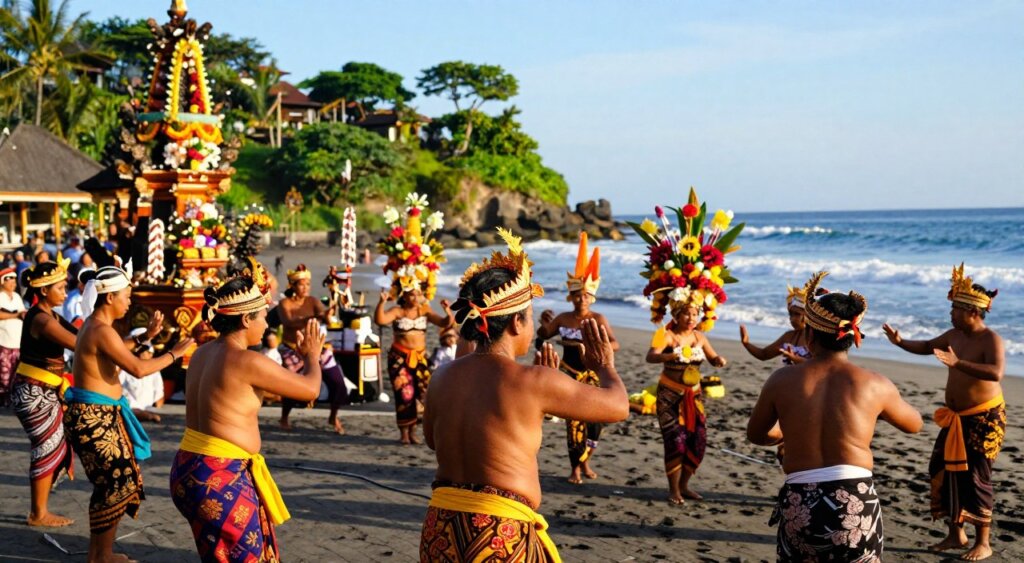 A vibrant scene depicting a Balinese cultural festival ceremony near Kuta Beach. In the foreground, local villagers dressed in traditional Balinese attire, including colorful sarongs and intricate headdresses, are engaged in a ceremonial dance. The middle ground features beautifully decorated offerings and traditional Balinese architecture, with intricate carvings and vibrant flower arrangements. In the background, the lush green landscape of Bali complements the tranquil ocean, with soft waves gently lapping at the shore under a clear blue sky. The scene is illuminated by warm, golden sunlight, creating a joyful and celebratory atmosphere. The image is captured with a shallow depth of field to focus on the subjects while softly blurring the background, evoking a sense of cultural richness and community spirit.