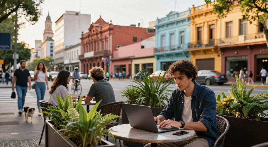 A vibrant scene depicting a digital nomad balancing work and leisure in Buenos Aires, Argentina. In the foreground, a young professional wearing smart casual attire sits at an outdoor café table, focused on a laptop, surrounded by lush green plants. The middle ground features locals enjoying the lively atmosphere, with people walking dogs and cyclists passing by. In the background, iconic Buenos Aires architecture, such as colorful buildings and historic landmarks, captures the city's essence. The lighting is warm and inviting, suggesting a late afternoon sun casting soft shadows. The composition is shot with a wide-angle lens to create depth, evoking a relaxed yet productive mood that represents the harmonious blend of work and leisure in a vibrant city.