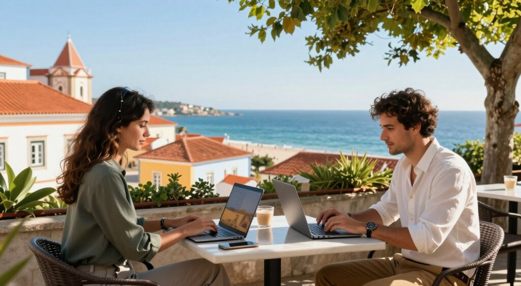 A vibrant scene depicting a digital nomad balancing work and leisure in Portugal. In the foreground, a professional male and female in smart casual attire, sitting at a stylish outdoor café table with laptops open, engaged in work while enjoying a stunning coastal view. The middle ground features colorful Portuguese architecture, perhaps a classic terracotta-roofed building, with lush greenery framing the scene. In the background, the sparkling azure coastline under a bright blue sky, highlighting the tranquility and beauty of a serene afternoon. The image captures warm, soft sunlight casting gentle shadows, evoking a relaxed, productive atmosphere, reminiscent of National Geographic photojournalism.