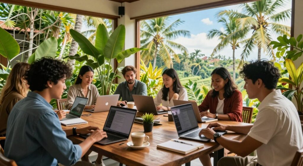 A vibrant scene depicting a digital nomad community in Bali, set in a cozy, sunlit co-working space filled with lush tropical plants. In the foreground, diverse individuals of various ethnicities are engaged in discussions and collaborating on laptops, dressed in professional casual attire. The middle ground features a large wooden table strewn with notebooks, coffee cups, and digital devices, symbolizing productivity and creativity. In the background, large windows showcase the stunning Balinese landscape, with palm trees swaying gently under a bright blue sky. Warm, natural lighting enhances the inviting atmosphere, highlighting the collaborative spirit and sense of community. The image captures the essence of an online community for digital nomads, emphasizing connection and innovation in a picturesque Bali setting.