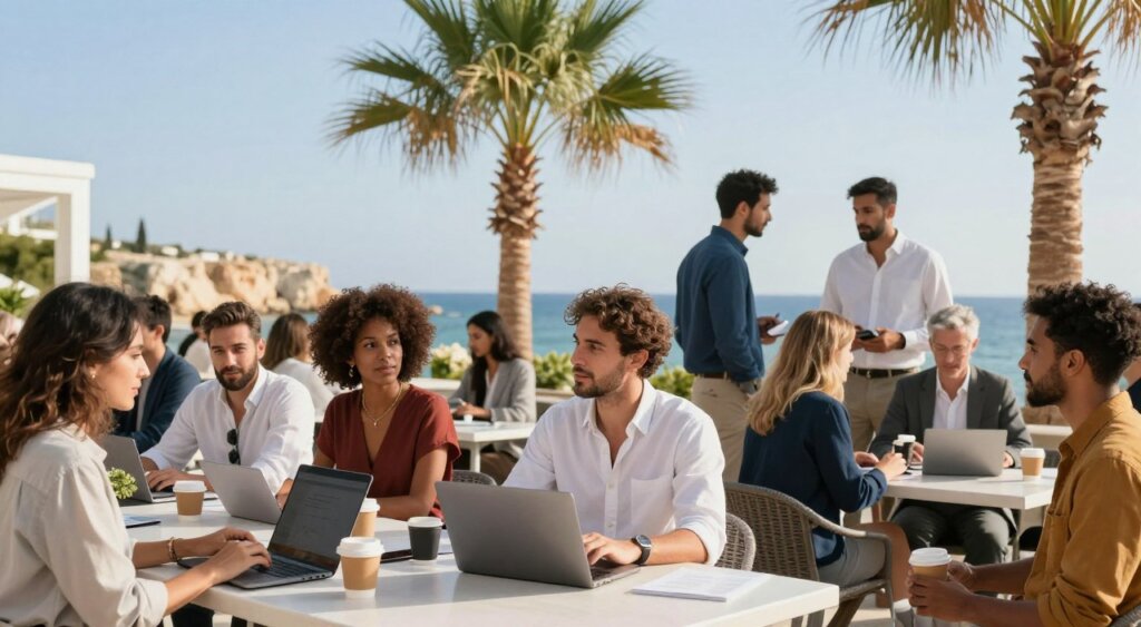 A vibrant scene depicting a digital nomad community in Cyprus, showcasing a diverse group of individuals engaged in networking activities outdoors. In the foreground, a diverse group of professionals, including men and women of various ethnicities, dressed in smart casual attire, are exchanging ideas over laptops and coffee. The middle ground features communal tables beneath a bright blue sky with palms swaying gently in the breeze, hints of the Mediterranean landscape in the background, such as rocky cliffs and azure waters. Soft, natural lighting creates a warm and inviting atmosphere, while capturing the essence of collaboration and connection. The image should evoke a sense of community, innovation, and the lifestyle of remote work in an idyllic setting.