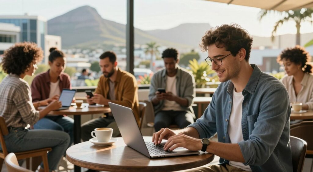 A vibrant scene depicting a digital nomad exploring accommodation options in South Africa. In the foreground, a young professional, dressed in smart casual attire, is using a laptop at a cozy café table, with a cup of coffee beside them. The middle ground showcases a diverse group of individuals engaging in discussions about various accommodation options, browsing listings on their devices, with a warm and inviting atmosphere. The background features a panoramic view of a bustling South African city, with modern buildings and natural elements like palm trees under a bright, sunny sky, conveying a sense of adventure and opportunity. The lighting is soft and natural, reminiscent of early afternoon, with a focus on warm tones to enhance the welcoming vibe. The overall composition feels lively and inspiring, perfect for digital nomads.