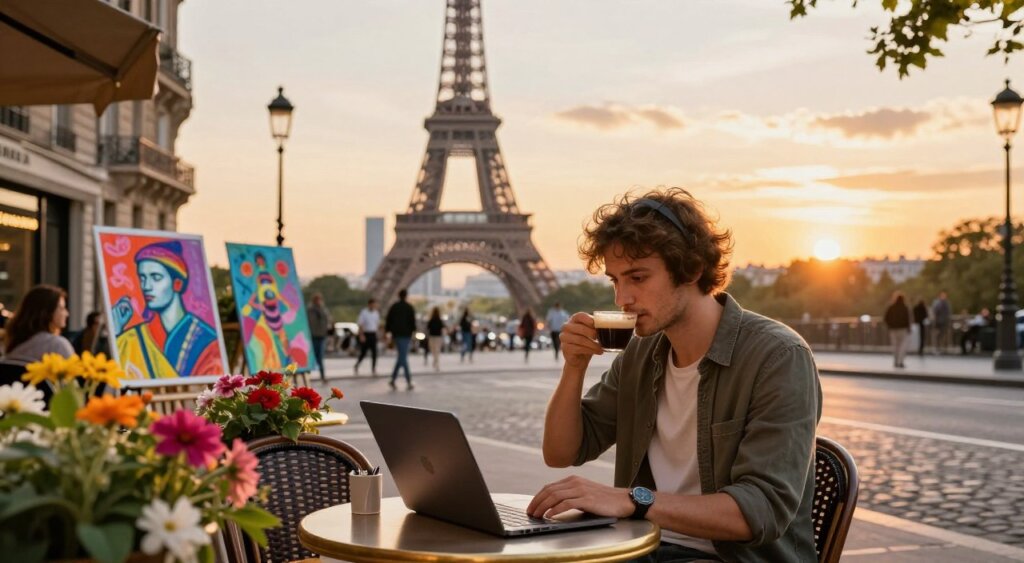 A vibrant scene depicting a digital nomad in France, showcasing cultural highlights. In the foreground, a casually dressed individual works on a laptop at an outdoor café, sipping espresso, surrounded by colorful flowers. The middle ground features iconic Parisian architecture, including the Eiffel Tower, along with street artists creating vibrant artwork. The background captures the warm glow of a sunset, casting a golden hue over cobblestone streets. The atmosphere is lively yet serene, reflecting a blend of work and exploration. The lighting is soft and inviting, emphasizing the essence of French culture. Shot in a professional photojournalism style, this image conveys the spirit of digital nomad life intertwined with French heritage.
