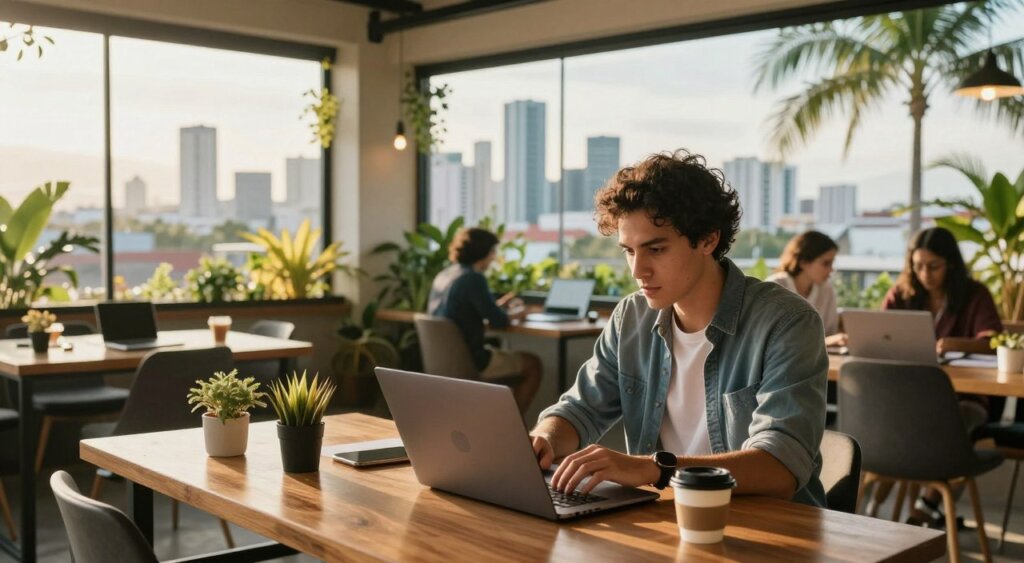 A vibrant scene depicting a digital nomad in a co-working space in Panama, showcasing a relaxed yet productive atmosphere. In the foreground, a young professional, dressed in smart casual attire, is focused on a laptop, surrounded by tech gadgets and coffee. The middle ground features a stylish, inviting workspace with greenery, large windows letting in golden sunlight, and tropical decor reflecting Panama’s culture. In the background, the landscape shows the iconic skyline of Panama City, with palm trees swaying gently. The mood is inspiring and dynamic, capturing the essence of a thriving digital nomad lifestyle in a beautiful country. The photograph is taken with a warm lens for a cozy feel, focusing on the individual’s concentration and creativity.