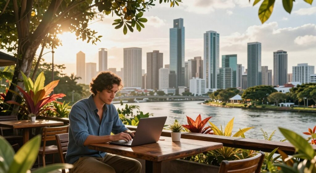 A vibrant scene depicting a digital nomad working in Panama, set against a backdrop of the stunning Panama City skyline with its modern skyscrapers and lush greenery. In the foreground, a young professional in smart casual attire sits at a rustic wooden table on an outdoor terrace, intently focused on their laptop, surrounded by colorful tropical plants. The middle of the image features soft, golden sunlight filtering through the foliage, creating a warm, inviting atmosphere. The background showcases the iconic Panamanian architecture and the sparkling waters of the Panama Canal, enhancing the unique cultural vibe. The overall mood is inspiring and tranquil, conveying the freedom and opportunities that come with the Digital Nomad Visa in a beautifully composed, photojournalistic style.