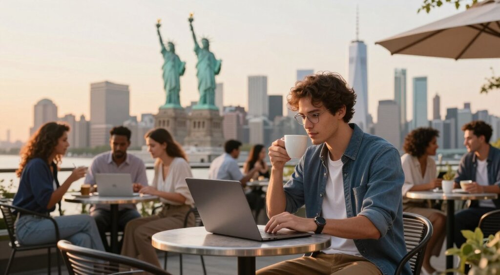A vibrant scene depicting a digital nomad working in a bustling urban setting, surrounded by notable landmarks that symbolize the USA, such as the Statue of Liberty and iconic skyscrapers. In the foreground, a focused individual, dressed in smart casual attire, is seated at a stylish outdoor café table, using a laptop and sipping coffee. In the middle background, diverse groups of people can be seen engaged in various activities, showcasing a dynamic, multicultural atmosphere. The background features soft-focus city skyline under a warm, golden sunset, casting a gentle light that enhances the uplifting mood of flexibility and opportunity. The image conveys a sense of exploration and freedom, inviting viewers into the world of digital nomadism.