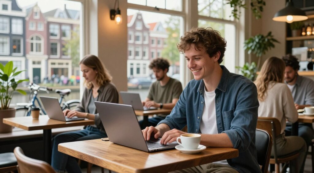 A vibrant scene depicting a digital nomad working in a cozy, stylish café in the Netherlands. In the foreground, a young professional in smart-casual clothing sits at a wooden table with a laptop, coffee cup beside them, smiling while engaged in a video call. The middle ground features other patrons working on their laptops, creating a communal atmosphere. In the background, large windows reveal picturesque canal views and classic Dutch architecture with bicycles parked outside. Soft, natural lighting pours in, creating a warm, inviting ambiance. A touch of greenery from potted plants adds to the lively yet relaxed mood, showcasing the Netherlands as an ideal location for remote work. High-resolution, photojournalism style, capturing the essence of the digital nomad lifestyle.