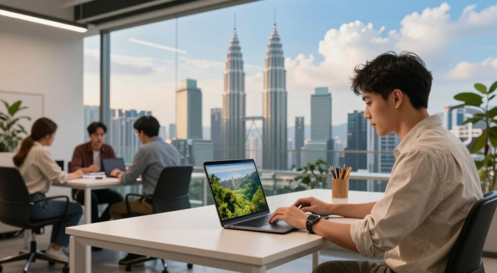 A vibrant scene depicting a digital nomad working in a modern co-working space in Malaysia. In the foreground, a focused individual in smart casual attire is seated at a sleek desk, using a laptop with a scenic view of lush greenery and urban architecture outside. In the middle ground, other professionals are collaborating at different workstations, creating a dynamic atmosphere of innovation and productivity. The background showcases the stunning skyline of Kuala Lumpur with the iconic Petronas Towers, under a bright blue sky with soft clouds. The lighting is warm and welcoming, emphasizing a sense of creativity and adaptability. The overall mood is inspiring and energetic, reflecting the essence of the Digital Nomad Visa experience in Malaysia.