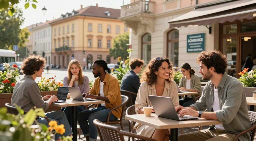 A vibrant scene depicting a digital nomad working in a picturesque outdoor café in a sun-drenched European city, with iconic architecture in the background. In the foreground, a diverse group of professionals, dressed in smart casual attire, are engaging in conversations or working on laptops, embodying the digital nomad lifestyle. Lively greenery surrounds the patio, with colorful flowers adding warmth to the scene. The lighting is soft and welcoming, suggesting a late afternoon glow. In the background, a visible sign indicating a welcoming digital nomad visa or tax incentive office can be integrated artistically into the architecture. The overall mood is inspiring and relaxed, showcasing the blend of work and leisure in a dynamic environment where remote work is embraced.