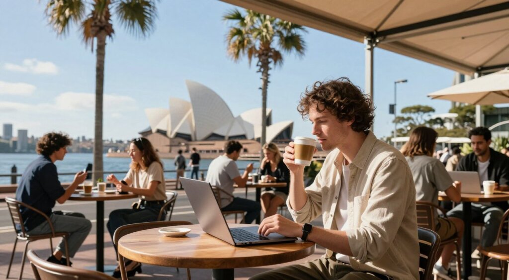 A vibrant scene depicting a digital nomad working in a sunlit outdoor café in Australia. In the foreground, a person in a casual yet professional outfit sits at a wooden table with a laptop, sipping a coffee. The middle ground features palm trees and a bustling street with other digital nomads engaging in discussions and networking, all under a clear blue sky. In the background, iconic Australian landmarks like the Sydney Opera House or coastal views can be seen, hinting at a relaxed yet inspiring environment. Soft, warm lighting enhances the inviting atmosphere, creating a sense of community and opportunity, with a focus on productivity and creativity in a picturesque setting.