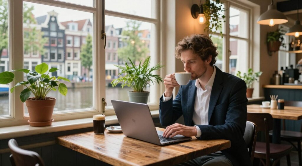A vibrant scene depicting a digital nomad working on a laptop at a cozy café in the Netherlands. In the foreground, a professional individual in smart casual attire is seated at a rustic wooden table, focused on their laptop while sipping a cup of coffee. The middle ground highlights a view of the café's interior with large windows allowing natural light to spill in, showcasing traditional Dutch decor and greenery. In the background, iconic Amsterdam canal houses are visible through the window, partially framed by the café's window panes. The atmosphere is warm and inviting, with soft ambient lighting that evokes a sense of productivity and creativity. The angle should be slightly elevated, capturing both the worker and the picturesque Dutch scenery outside.