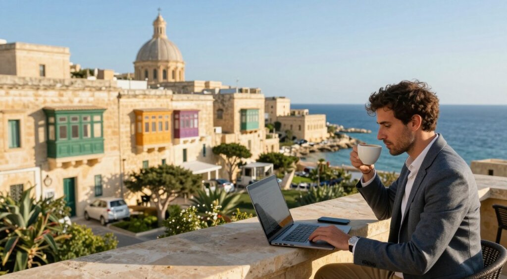 A vibrant scene depicting a digital nomad working remotely in Malta, focusing on the historical architecture and unique coastal landscape of the island. In the foreground, a professional-looking individual in smart casual attire sits at a laptop on a terrace, sipping coffee. The middle ground features traditional Maltese stone buildings with colorful balconies and lush greenery, while the background showcases the azure Mediterranean Sea under a clear blue sky, creating a serene and inspiring atmosphere. The lighting is warm and inviting, simulating a late afternoon sun casting soft shadows, with a shallow depth of field to emphasize the subject and the immediate surroundings. The overall mood is productive yet relaxed, capturing the essence of being a digital nomad in Malta.