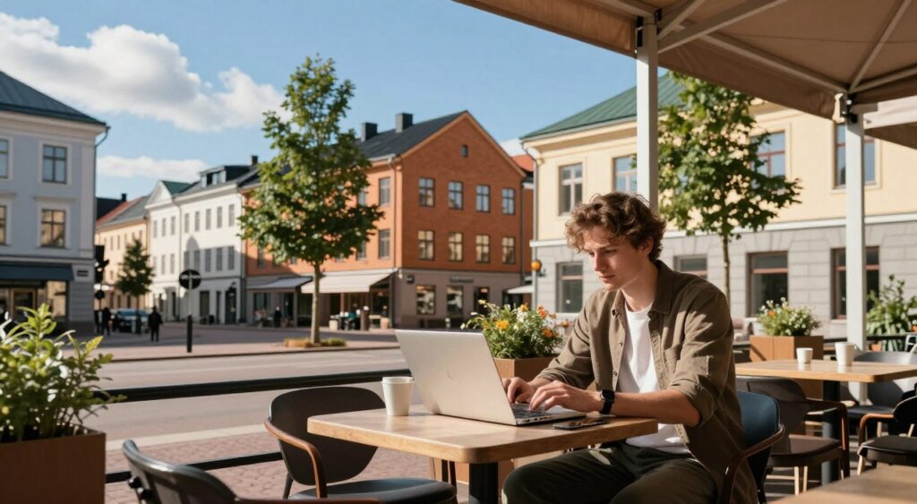 A vibrant scene depicting a digital nomad's lifestyle in Estonia. In the foreground, a focused individual sits at a stylish café table with a laptop, wearing smart-casual clothing. The middle ground showcases modern architecture with a blend of historic Estonian buildings, trees gently swaying in the breeze. In the background, a clear blue sky with soft, fluffy clouds adds depth. Natural sunlight casts warm, inviting light across the scene, highlighting the café’s outdoor seating area. The overall atmosphere is creative and productive, capturing the essence of working remotely in a European urban setting. The composition emphasizes both relaxation and focus, ideal for a digital nomad’s life in Estonia.