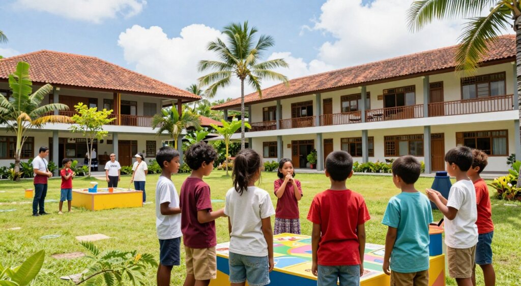 A vibrant scene depicting a diverse group of children engaging at the Child Transition International School in Bali. In the foreground, a group of five children, wearing modest casual clothing, are playfully interacting and sharing ideas around a colorful educational display. In the middle ground, the school's modern architecture with lush tropical greenery illustrates a welcoming environment, while teachers supervise attentively. The background features the iconic Balinese landscape with gently swaying palm trees under a bright blue sky dotted with fluffy white clouds. The image is bathed in warm, natural light to create an inviting atmosphere, captured with a wide-angle lens to convey a sense of openness and community, embodying the spirit of harmony and support in an educational setting.