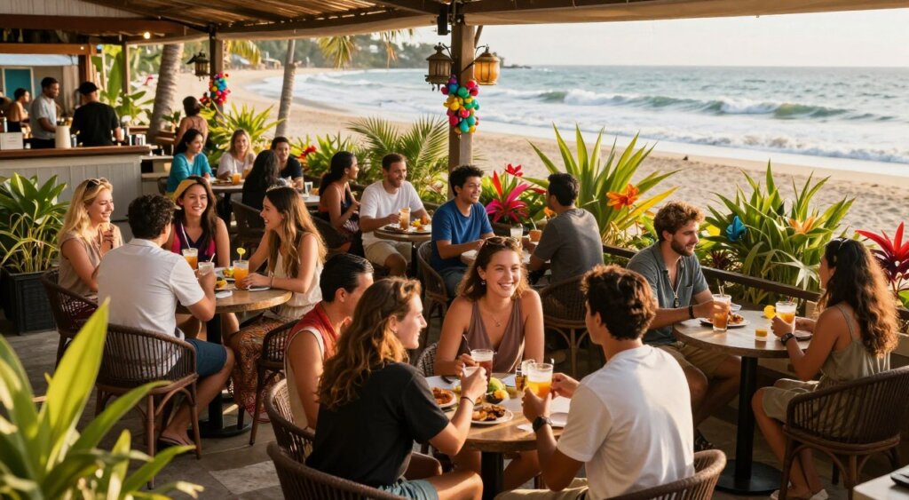A vibrant scene depicting a lively social spot in Kuta, showcasing a diverse group of travelers engaging with locals in a comfortable outdoor café setting. In the foreground, a small round table is filled with a few friendly individuals, dressed in modest casual clothing, smiling and sharing drinks. In the middle ground, different tables with people of various backgrounds enjoying conversations and laughter, surrounded by lush tropical plants and colorful decorations. The background features Kuta's iconic beach area with soft waves gently lapping against the shore, while warm, golden sunlight bathes the scene in a pleasant glow. Capture this moment from a slightly elevated angle to emphasize the sense of community and safety in the atmosphere, evoking feelings of friendship and connection in a beautiful setting.
