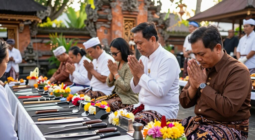 A vibrant scene depicting a modern Tumpek Landep ceremony, showcasing various metal objects in a ceremonial context. In the foreground, elegantly arranged traditional Balinese tools, such as knives and agricultural implements, are adorned with colorful flower offerings. The middle ground features a diverse group of participants dressed in modest traditional Balinese attire, engaged in prayer and blessings over the tools, their faces reflecting reverence and focus. In the background, a beautifully decorated temple with intricate carvings and lush greenery adds depth to the scene. Soft, warm sunlight filters through the trees, creating a serene and sacred atmosphere. The composition highlights the significance of modern interpretations of this cultural ritual, capturing the essence of community and tradition in a professional photojournalism style.