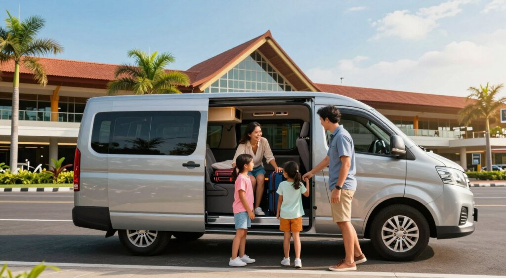 A vibrant scene depicting a modern, spacious family van parked outside a Bali airport terminal, showcasing its reliability and comfort. In the foreground, a happy family of four—parents and two children—casually dressed in cheerful, modest clothing, are unloading their luggage from the van. The middle ground features the van's sleek interior, hinting at ample space and kid-friendly features. In the background, the iconic Bali airport building is visible, accented by lush tropical foliage and clear blue skies. The lighting is warm and inviting, highlighting the joy of family travel. Shot with a wide-angle lens to capture the bustling airport atmosphere, evoking a sense of adventure and comfort.