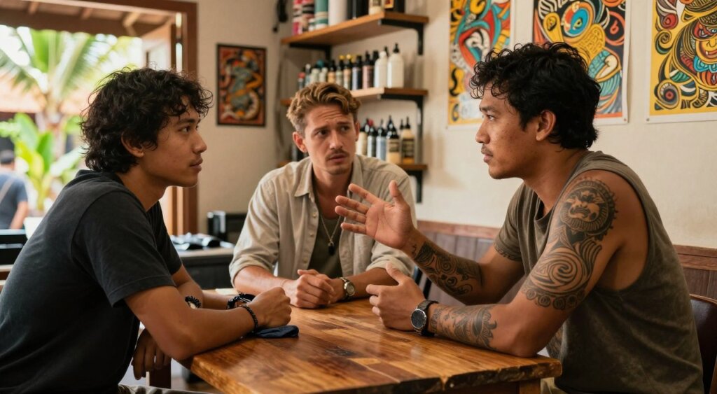 A vibrant scene depicting a negotiation between a tattoo artist and a traveler in a bustling Bali tattoo studio. In the foreground, the artist, a young Indonesian with a detailed tattoo sleeve, is seated at a rustic wooden table, gesturing confidently while discussing prices. The traveler, a Caucasian in casual but professional attire, listens intently, with a look of curiosity and concern. The middle ground shows shelves filled with tattoo supplies and colorful artwork adorning the walls, while a glimpse of tropical greenery can be seen through an open window in the background. The lighting is warm and inviting, replicating golden hour tones, creating a relaxed atmosphere. The image is shot from a slightly elevated angle to capture both subjects in conversation, highlighting the cultural exchange and the personal touch of Bali's tattoo scene.