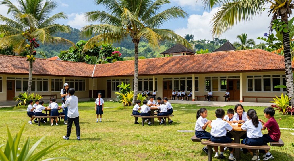 A vibrant scene depicting a picturesque international school in Bali, showcasing a lush tropical campus with palm trees and flowering plants. In the foreground, a diverse group of children, dressed in smart casual attire, engage in various activities—some playing outdoors, others studying with teachers at picnic tables. The middle ground features a modern classroom building with large windows that allow natural light to flood in, creating a warm and inviting atmosphere. In the background, the iconic Balinese landscape includes green hills and traditional architecture, under a bright blue sky. The overall image conveys a sense of community, learning, and inclusivity, with a focus on quality education for expat children. The lighting is bright and sunny, capturing the essence of Bali's vibrant environment and a welcoming ambiance.