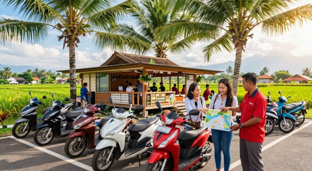 A vibrant scene depicting a popular scooter rental location in Bali, showcasing a variety of colorful scooters parked neatly under swaying palm trees. In the foreground, a friendly Balinese staff member in smart casual attire assists a couple, who are planning their rental, smiling and pointing towards a scenic map. The middle ground features the rental shop with wooden accents and tropical decor, bustling with tourists enjoying the atmosphere. The background reveals lush green rice paddies and distant mountains under a bright blue sky, with soft, warm sunlight filtering through the leaves, creating an inviting and adventurous mood. Capture the scene in high-resolution, using a wide-angle lens to enhance the depth and vibrancy of the landscape.