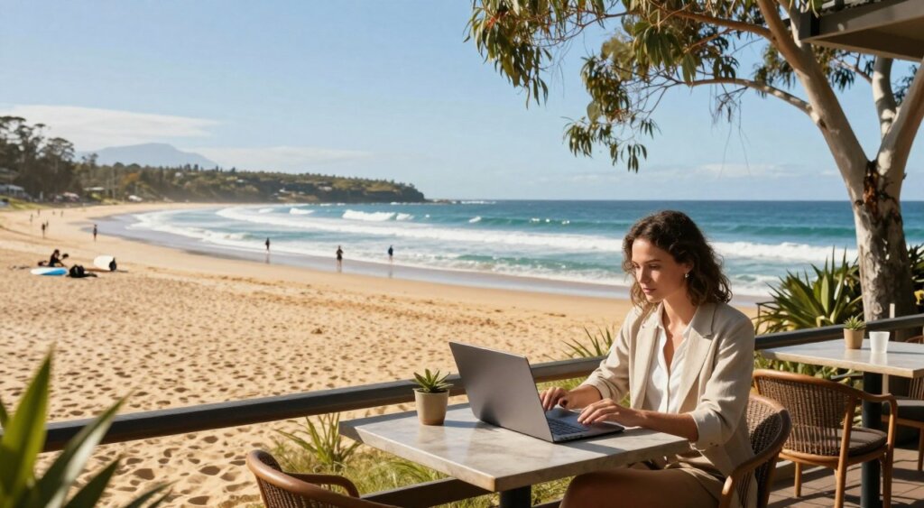 A vibrant scene depicting a remote workspace in Australia, showcasing a digital nomad's lifestyle. In the foreground, a young professional woman in casual business attire sits at a stylish outdoor café table with her laptop open, focused on her work. The middle ground features a picturesque Australian beach with golden sands and gentle waves lapping at the shore, dotted with a few surfers and beachgoers. In the background, iconic eucalyptus trees and distant mountains create a serene landscape under a clear blue sky. The warm, natural sunlight casts soft shadows, enhancing the inviting atmosphere. The composition highlights the concept of working remotely in a relaxed, inspiring environment, embodying the essence of the Digital Nomad Visa.