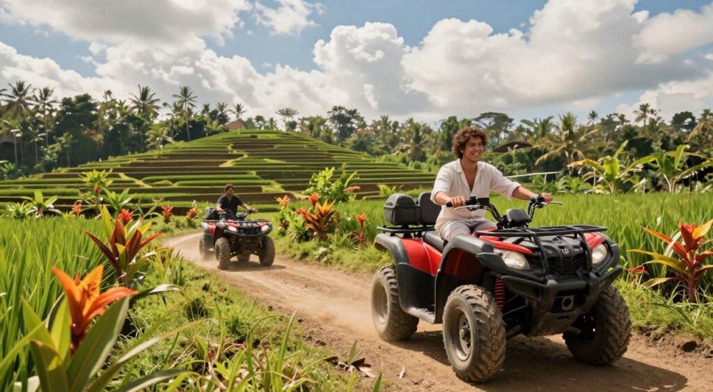 A vibrant scene depicting a scenic Bali landscape during the best time for ATV riding. In the foreground, an ATV is parked on a dirt trail, against lush greenery with exotic plants and tropical flowers. The middle ground features a couple of riders, dressed in modest casual clothing, navigating through the rugged terrain with smiles of excitement. In the background, dramatic rice terraces and a bright blue sky filled with fluffy clouds capture the essence of Bali’s natural beauty. The lighting is soft and warm, evoking a sunny afternoon ambiance, enhancing colors and shadows. Shot from a low angle to emphasize the ATV's power and the surrounding landscape, creating an adventurous and inviting atmosphere, suitable for outdoor enthusiasts.