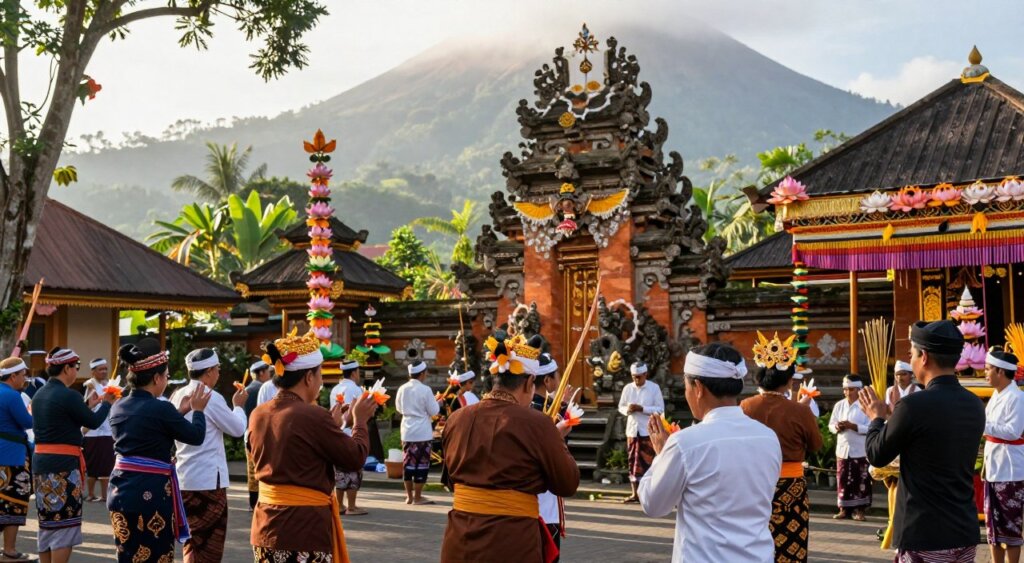A vibrant scene depicting a traditional Balinese Hindu celebration showcasing cultural rituals. In the foreground, a group of respectfully dressed Balinese people, wearing elaborate ceremonial attire, perform offerings and prayers. The middle ground features intricate temple architecture adorned with colorful decorations, representing Hindu symbols like lotus flowers and fragrant incense. In the background, lush tropical greenery and distant volcanic mountains provide a stunning natural setting. Soft morning sunlight filters through the trees, casting gentle shadows and creating a warm, inviting atmosphere. The composition should evoke a sense of spirituality and community, capturing the joyful essence of these historical traditions, with a focus on rich colors and intricate details, reminiscent of National Geographic-quality photography.