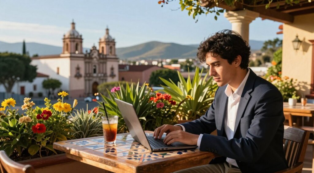 A vibrant scene depicting a young professional working remotely in a picturesque Mexican setting. In the foreground, a person in smart casual attire sits at a wooden table on a sunlit patio, typing on a laptop, with a refreshing beverage beside them. The middle ground includes lush greenery and colorful flowers, with traditional Mexican tiles adorning the table. In the background, an iconic Mexican landscape features colonial architecture, blue skies, and a distant view of rolling hills or mountains. The lighting is warm and inviting, simulating late afternoon sunlight that casts soft shadows. The atmosphere is relaxed yet focused, capturing the essence of remote work amidst Mexico's rich culture and scenery.