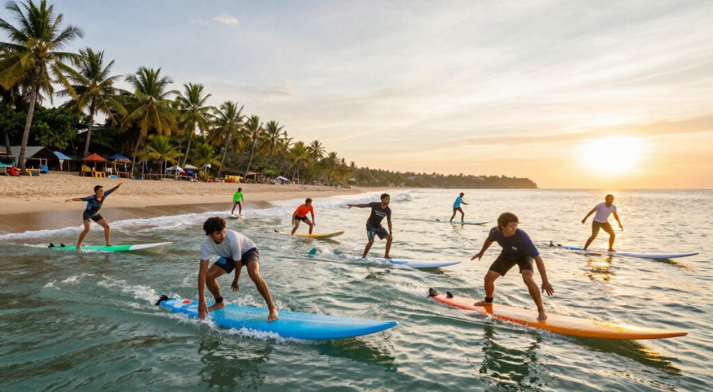 A vibrant scene depicting adventure activities on Kuta Beach during the golden hour. In the foreground, a group of diverse individuals in modest casual attire enthusiastically riding the waves on colorful surfboards, showcasing dynamic poses. In the middle ground, a local surf instructor enthusiastically guiding beginners, with surfers paddling out towards the horizon. The sparkling turquoise water contrasts against the sandy beach and lush palm trees swaying gently in the breeze. The background features the iconic Kuta Beach sunset, casting warm, golden hues across the sky, creating an inviting atmosphere. Capture this with a wide-angle lens for depth, emphasizing movement and excitement, to convey the thrill of adventure in Kuta while maintaining a professional photojournalism style.