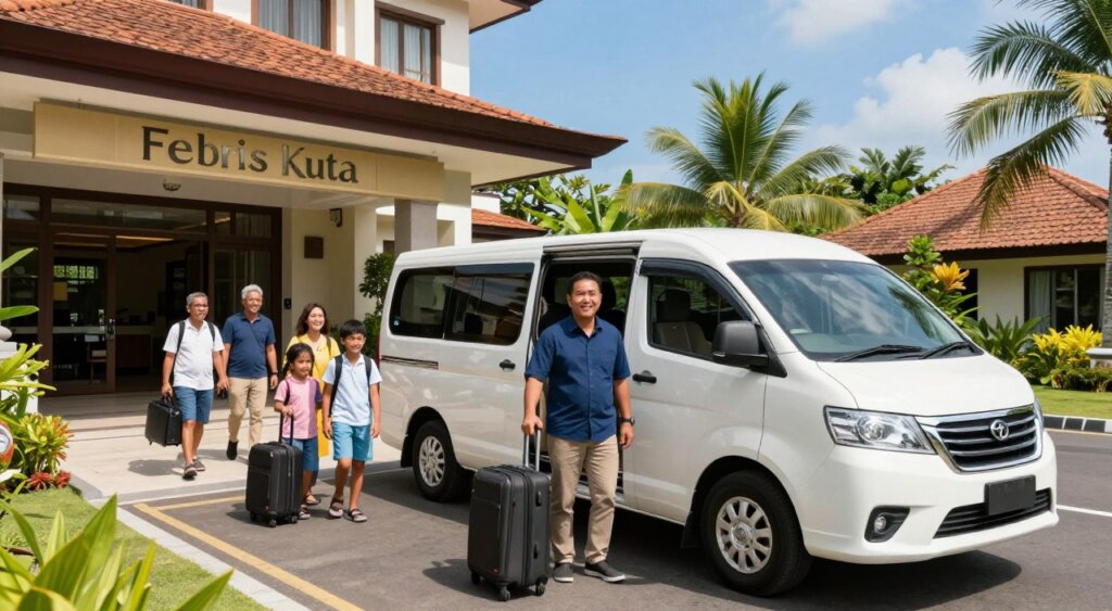 A vibrant scene depicting airport transfers at Febris Kuta Bali, showcasing a modern shuttle vehicle parked in front of the hotel entrance. In the foreground, a friendly driver in smart casual attire stands beside the vehicle, ready to assist travelers with their luggage. The middle ground features a group of satisfied passengers, including a family and a couple, smiling as they prepare to board. In the background, lush tropical landscaping and a clear blue sky set a serene atmosphere typical of Bali. The lighting is bright and inviting, emphasizing the sunny day. The image is captured from a slightly elevated angle to encompass the hotel and surroundings, conveying a sense of relaxation and efficiency in travel.