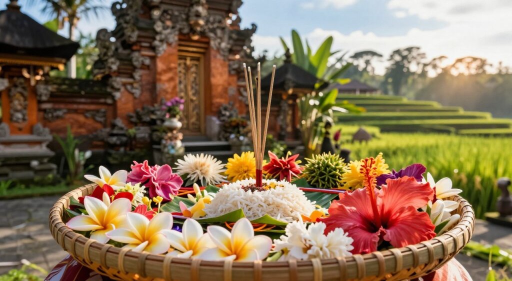 A vibrant scene depicting daily Balinese offerings on a traditional woven bamboo tray, filled with colorful flowers, rice, and incense sticks. In the foreground, detail the intricate arrangement of the offerings with bright petals of frangipani and hibiscus, gracefully placed. The middle ground features a serene Balinese temple, adorned with ornate carvings and lush greenery, bathed in warm afternoon sunlight. In the background, rolling rice terraces can be seen under a tranquil blue sky, enhancing the peaceful atmosphere. Captured with a soft depth of field, the lighting is natural, with sun rays filtering through the leaves, creating a soothing and sacred ambiance, evocative of spiritual rituals in Bali.