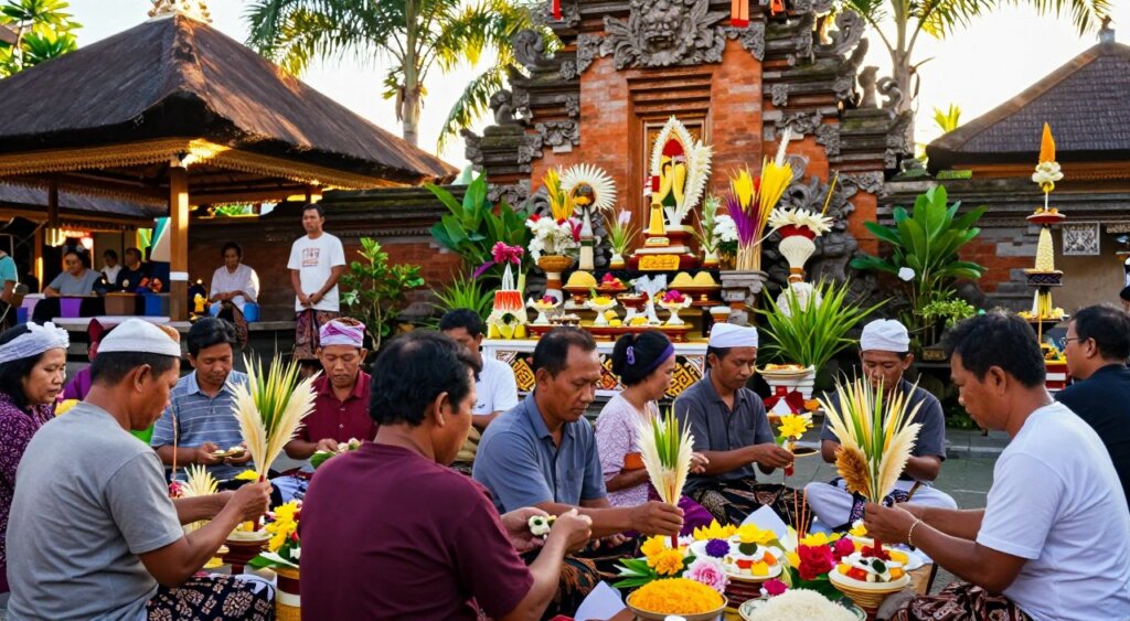 A vibrant scene depicting daily community life focused on Balinese offerings. In the foreground, a diverse group of modestly dressed Balinese men and women, engaged in preparing colorful offerings made of flowers, rice, and fragrant incense. Their expressions show concentration and reverence. In the middle ground, a beautifully decorated altar adorned with traditional offerings and ceremonial decorations, surrounded by lush green foliage typical of Bali. The background features a serene temple with intricate carvings, bathed in warm, golden sunlight filtering through palm trees, creating a sense of spirituality and tranquility. The atmosphere is serene and communal, reflecting the importance of rituals in daily life. Captured with a wide-angle lens to convey depth and detail, emphasizing the vibrant colors and textures of the scene.