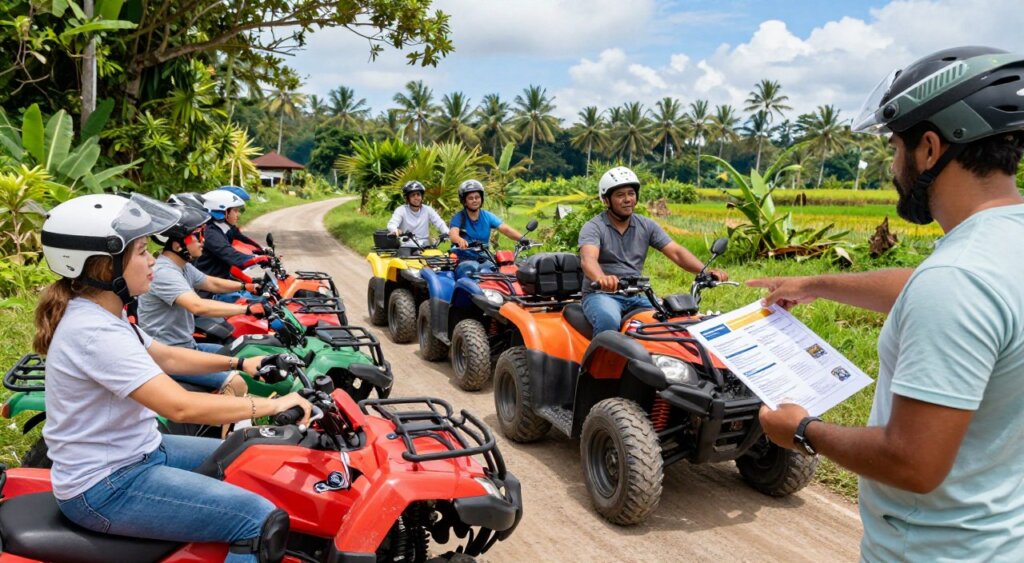 A vibrant scene depicting essential ATV safety tips for first-time riders, set in the lush, tropical landscape of Bali. In the foreground, a diverse group of riders wearing light, casual clothing and helmets, attentively listening to an instructor pointing towards a laminated safety guide. In the middle, an array of colorful ATVs parked on a winding dirt trail lined by green foliage, showcasing different safety gear like goggles, gloves, and knee pads. In the background, the stunning Bali scenery with palm trees and distant hills under a bright blue sky. The lighting is bright and natural, creating an inviting and educational atmosphere. The composition captures the spirit of adventure while highlighting the importance of safety in outdoor activities, all in a realistic, photojournalistic style.