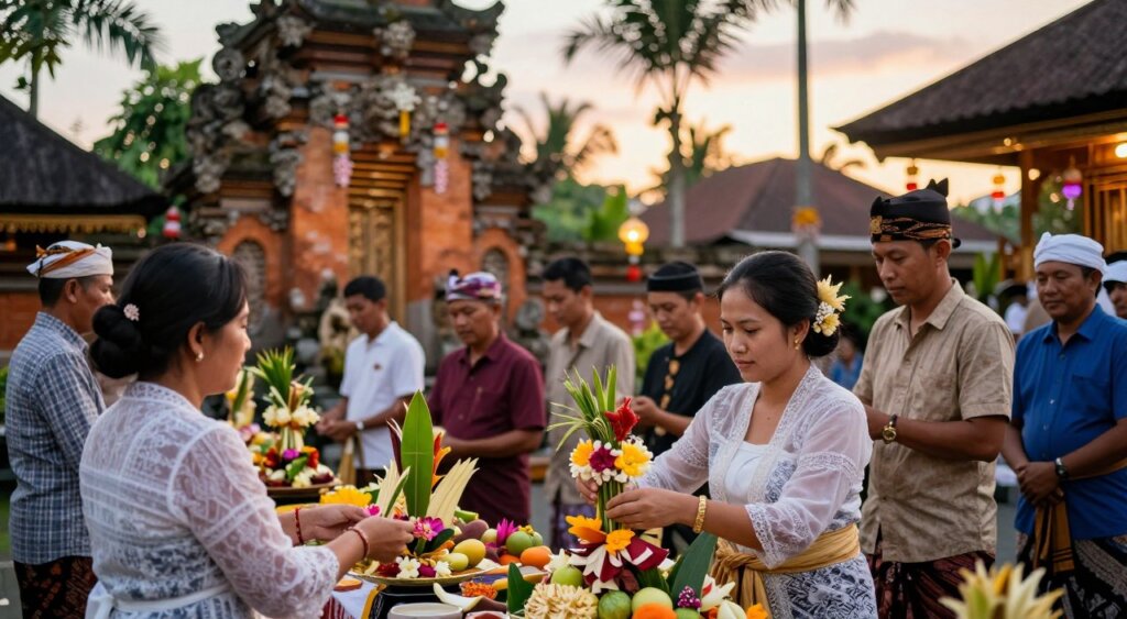 A vibrant scene depicting modern adaptations of Balinese rituals, focusing on a diverse group of individuals dressed in modest, contemporary clothing. In the foreground, a young woman arranges beautifully crafted offerings made from exotic flowers and fruits, showcasing a fusion of traditional and modern elements. The middle ground reveals a Balinese temple, adorned with colorful decorations and illuminated lanterns, symbolizing the blend of ancient customs with current influences. The background features lush tropical greenery and a serene sunset, casting warm hues that enhance the atmosphere of harmony and celebration. The photo is shot with a soft focus, using natural lighting to give a warm, inviting feel, capturing the essence of community and cultural evolution in a professional photojournalism style.