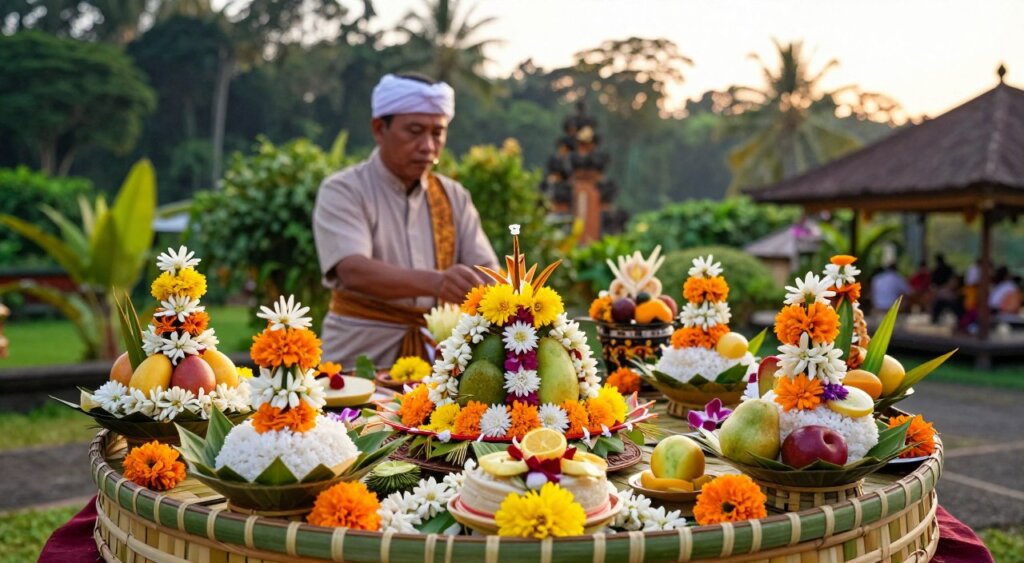 A vibrant scene depicting offerings in Balinese rituals, focusing on intricately arranged canang sari (daily offerings) made of flowers, fruits, and rice, placed on a traditional bamboo and woven palm leaf tray. In the foreground, the offerings are beautifully decorated with bright marigolds, jasmine, and colorful fruits, showcasing the meticulous craftsmanship. In the middle ground, a Balinese priest in modest ceremonial attire prepares to conduct the ritual, embodying reverence and spirituality. The background features a lush tropical landscape with dense greenery and a temple silhouette under soft golden hour lighting, casting a warm, serene glow. The atmosphere is tranquil yet sacred, evoking a deep connection to Hindu traditions. The image captures the essence of Balinese culture and the significance of these rituals.