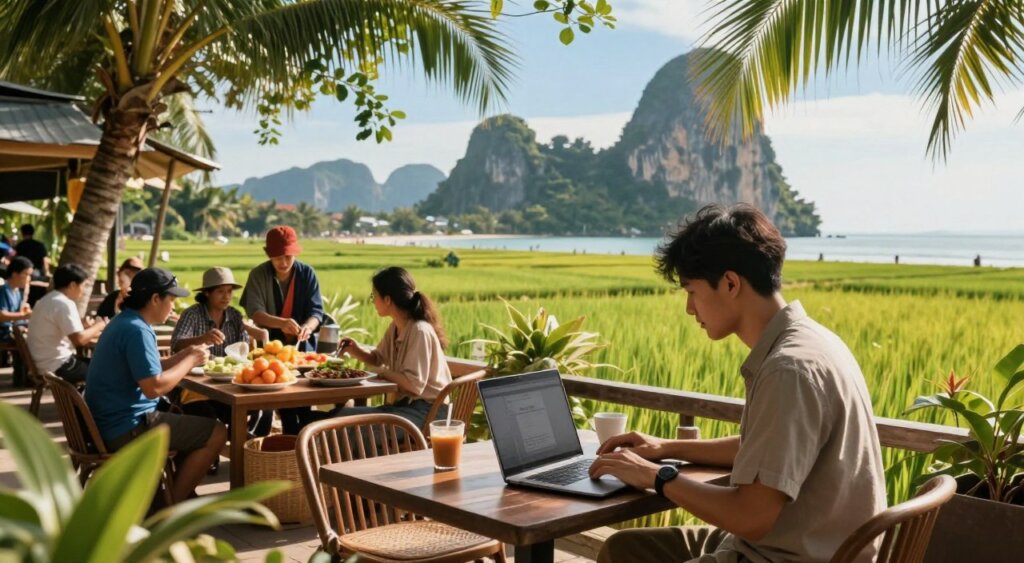 A vibrant scene depicting popular digital nomad destinations in Vietnam, showcasing bustling street markets and serene beaches. In the foreground, a professional-looking individual in casual yet modest clothing works on a laptop at a quaint café with tropical foliage around. In the middle ground, vendors offer local delicacies while travelers interact, highlighting a sense of community. The background features iconic Vietnamese landscapes, such as limestone karsts emerging from the sea and lush rice paddies under a clear blue sky. Soft, warm lighting captures the essence of a sunny afternoon, reminiscent of a travel magazine cover, creating a relaxed and inspirational atmosphere suitable for digital nomads seeking adventure and productivity.
