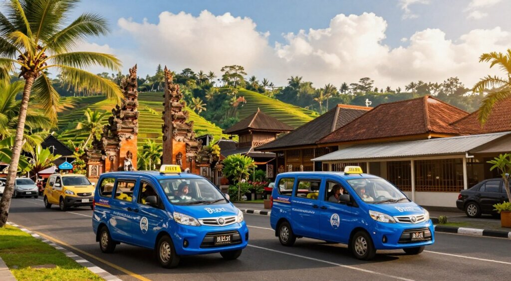 A vibrant scene depicting the Blue Bird Taxi services in Bali, focusing on a picturesque comparison of two taxi landscapes. In the foreground, a Blue Bird taxi stands prominently on a bustling street, its vivid blue color contrasting against lush tropical foliage. The middle ground shows a blend of traditional Balinese architecture, including ornate temples and classic wooden houses, alongside modern structures showcasing transport infrastructure. In the background, majestic rice terraces stretch across rolling hills under a bright, sunny sky with fluffy white clouds, capturing the essence of Bali's natural beauty. The lighting is warm and inviting, reminiscent of late afternoon sun, creating an optimistic and friendly atmosphere. A wide-angle lens perspective enhances the depth of the scene. The image should evoke a sense of adventure and cultural richness, ideal for illustrating Bali's taxi services.