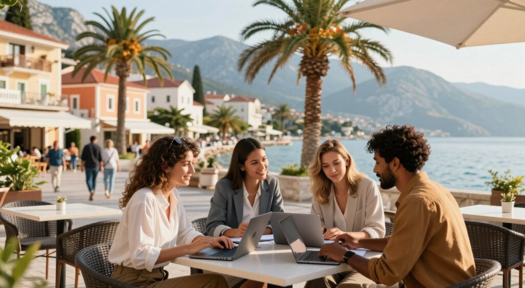 A vibrant scene depicting the benefits of the Albania Digital Nomad Visa, set in a picturesque coastal town. In the foreground, a diverse group of three professionals in smart casual attire, engaged in a brainstorming session at a modern outdoor café with laptops and notebooks. The middle ground features colorful buildings and palm trees, showcasing Albania's unique architecture, while local people walk by, giving a sense of community. In the background, the stunning Albanian coastline with crystal-clear water and mountains creates an inviting atmosphere. The image is captured in soft, natural lighting during golden hour, emphasizing warmth and positivity, with a slight bokeh effect to highlight the professionals engaging in work and collaboration.