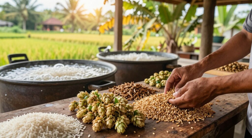 A vibrant scene depicting the brewing process of Bali beer, showcasing traditional ingredients such as rice, barley, and aromatic hops spread across a rustic wooden countertop. In the foreground, a close-up of hands skillfully measuring and mixing grains and hops, with a backdrop of bubbling fermentation vessels. The middle layer features a sunny outdoor brewing area, surrounded by lush tropical foliage and distant rice paddies. The atmosphere is warm and inviting, with golden sunlight filtering through the leaves, enhancing the earthy tones of the ingredients. Capture the image with a shallow depth of field, allowing the foreground to be sharp while the background softly blurs, evoking a sense of traditional craftsmanship and local culture.