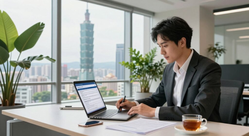 A vibrant scene depicting the digital nomad visa application process in Taiwan. In the foreground, a professional-looking individual dressed in smart business attire is seated at a modern desk, engrossed in filling out an application form on a laptop. Papers, a smartphone, and a cup of tea are neatly arranged on the desk. In the middle ground, a large window offers a breathtaking view of Taipei's skyline, with the iconic Taipei 101 visible. The background features a blend of tropical plants and contemporary office decor, evoking a comfortable and inspiring workspace. Bright, natural light floods the room, conveying a sense of hope and opportunity. The overall mood is focused and optimistic, emphasizing the journey of digital nomads seeking to establish their careers in Taiwan.