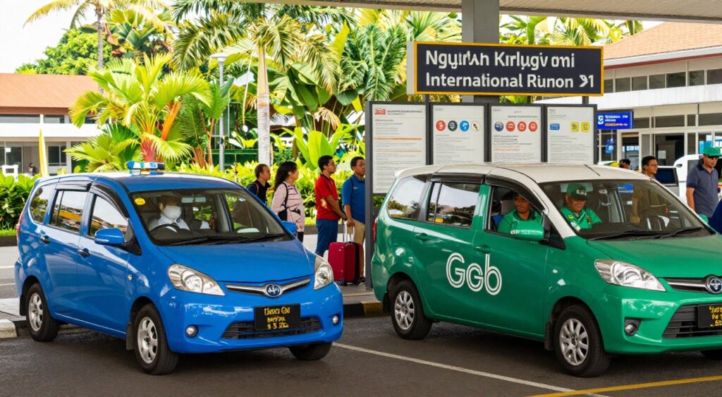 A vibrant scene depicting the economic and safety factors in airport transfers at Bali's Ngurah Rai International Airport. In the foreground, two different transport options are highlighted: a traditional blue Bali taxi with a driver in professional attire, and a Grab vehicle with a driver wearing a branded shirt, both parked beside the arrival terminal. The middle ground shows passengers weighing choices, with luggage in hand, while observing fare signs and safety information displays. In the background, tropical greenery enhances the vibrant atmosphere under warm, natural light. The image should capture the bustling but organized nature of airport transfers, emphasizing professionalism and safety in transport choices. The composition should reflect a National Geographic photojournalism style, with a focus on realism and clarity.