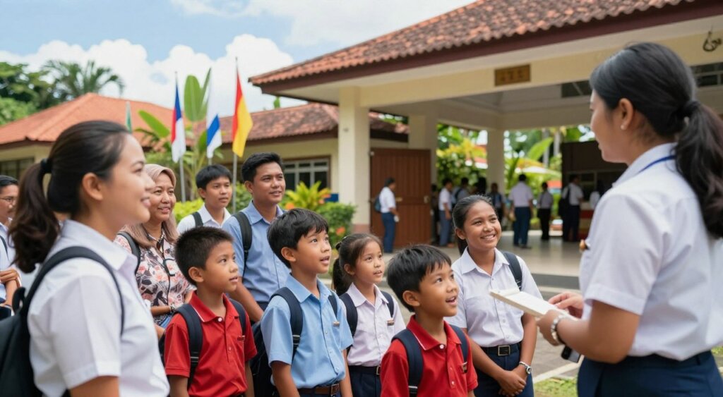 A vibrant scene depicting the enrollment process at an international school in Bali. In the foreground, a diverse group of parents and children engage with a friendly school staff member, all dressed in smart casual attire. The children, excited and curious, should display expressions of enthusiasm and wonder. In the middle ground, the school's welcoming entrance with tropical landscaping and colorful flags representing various countries, emphasizing the international aspect. In the background, a sunny blue sky with gentle clouds and glimpses of lush Balinese greenery create a warm and inviting atmosphere. The lighting is bright and natural, capturing the essence of a lively school day, with a slight depth of field focus on the interaction, conveying a sense of community and opportunity.