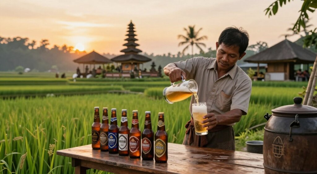 A vibrant scene depicting the rich history of beer in Bali, showcasing a traditional Balinese brewery set against lush green rice terraces under a warm golden sunset. In the foreground, a wooden table displays an array of local beer bottles, featuring intricate labels inspired by Balinese culture. The middle ground features a skilled local brewer in modest casual attire, carefully pouring beer into a traditional glass, illustrating the craftsmanship behind Bali beer. In the background, the iconic silhouette of a Balinese temple can be seen, surrounded by palm trees, adding to the cultural essence. The image should have soft, warm lighting to evoke a sense of nostalgia, captured with a 35mm lens from a slightly elevated angle to provide a comprehensive view of the scene. Aim for a professional photojournalism style reminiscent of National Geographic, with a focus on authenticity and cultural richness.