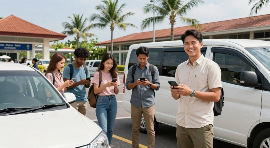 A vibrant scene depicting various Bali airport transfer options, set in the bustling arrival area of Ngurah Rai International Airport. In the foreground, a friendly driver in a smart casual outfit stands beside a comfortable-looking car, ready to assist travelers. The middle ground features a diverse group of tourists reviewing transfer options on their smartphones, showcasing a range of choices from luxury vehicles to budget vans. In the background, the airport's tropical architecture can be seen, with palm trees swaying gently under bright, sunny skies. The atmosphere is lively and welcoming, with soft natural light illuminating the scene, evoking a sense of adventure and ease as visitors step into the beauty of Bali. The image captures a blend of excitement and professionalism, perfect for highlighting airport transfer services.