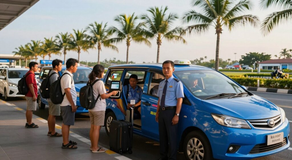 A vibrant scene illustrating a metered taxi ride in Bali, featuring a blue Bird Taxi parked at the bustling Ngurah Rai International Airport. In the foreground, a professional-looking driver in a smart uniform stands beside the taxi cab, ready to assist passengers with their luggage. The middle section captures travelers checking taxi meters and discussing fares as they exit the terminal. The background features tropical palm trees swaying gently in the warm sun, with an inviting blue sky. Soft, golden-hour lighting enhances the scene, suggesting a late afternoon vibe. The focus is sharp on the taxi and people, with a slightly blurred background to create depth. This image conveys a sense of professionalism and ease in navigating transportation in Bali.